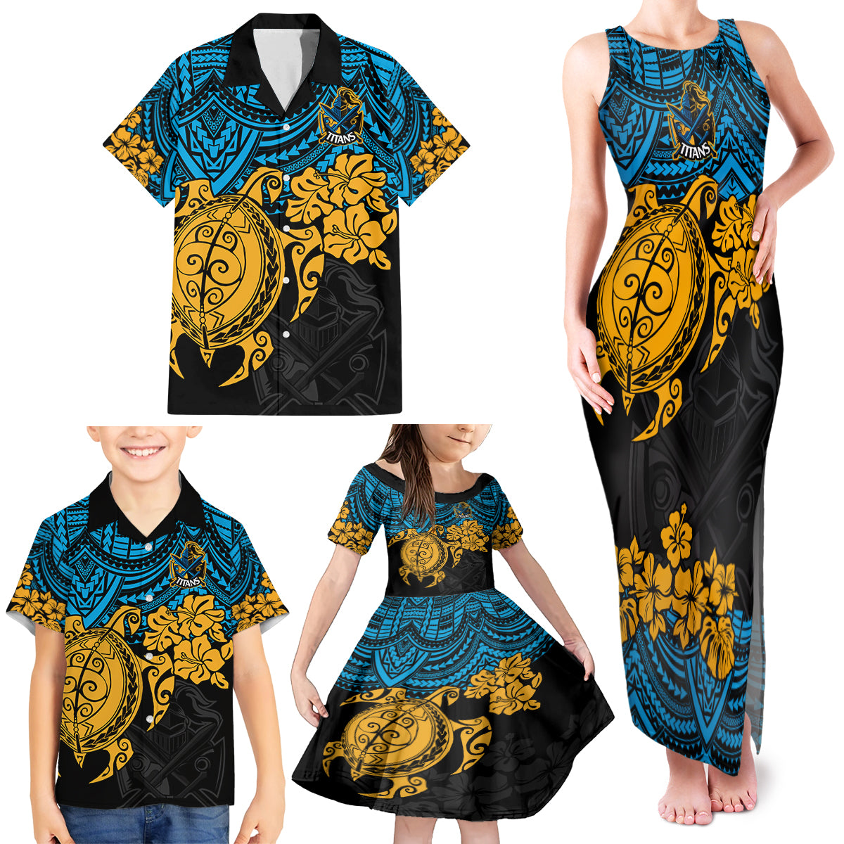 custom-titans-rugby-family-matching-tank-maxi-dress-and-hawaiian-shirt-gld-hibiscus-and-turtle-with-polynesian-pattern