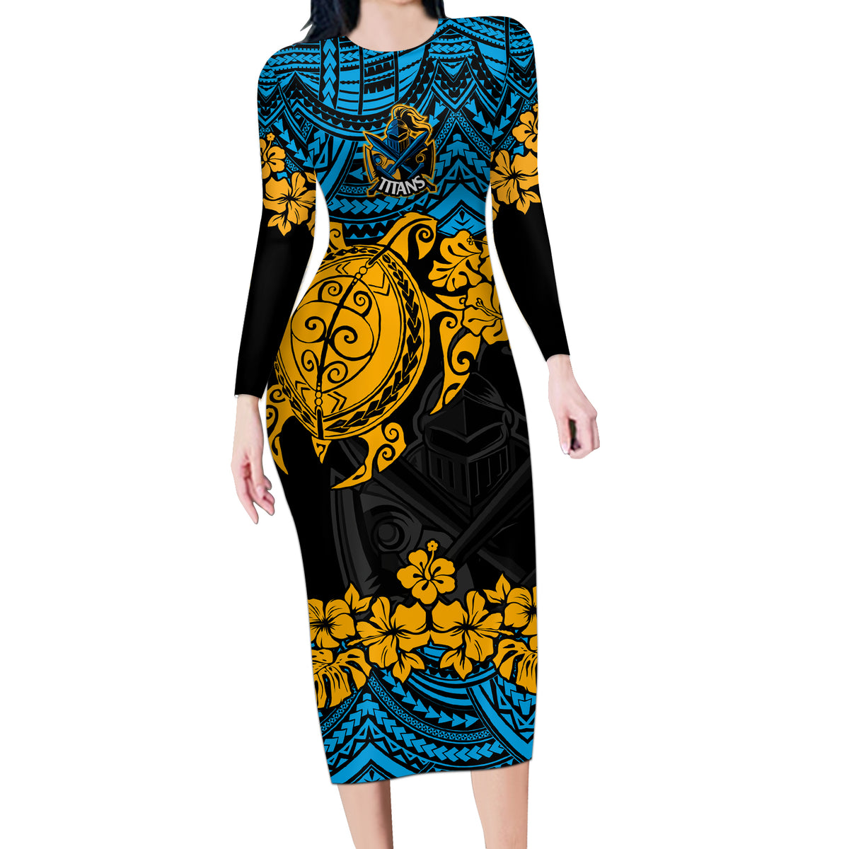 custom-titans-rugby-long-sleeve-bodycon-dress-gld-hibiscus-and-turtle-with-polynesian-pattern