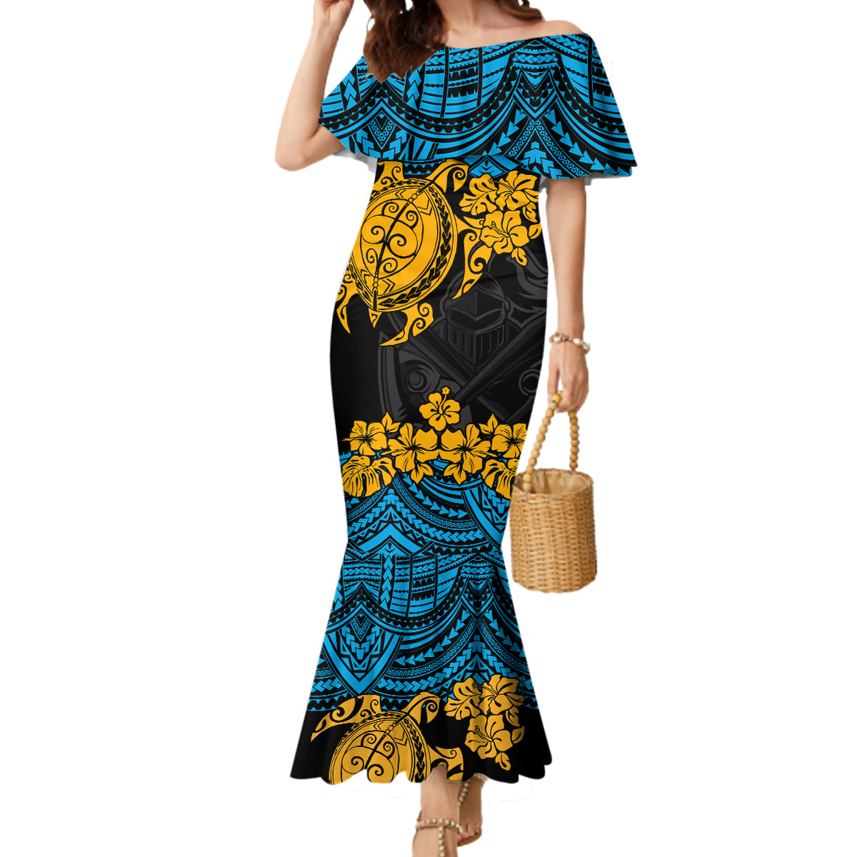 custom-titans-rugby-mermaid-dress-gld-hibiscus-and-turtle-with-polynesian-pattern