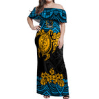 custom-titans-rugby-off-shoulder-maxi-dress-gld-hibiscus-and-turtle-with-polynesian-pattern