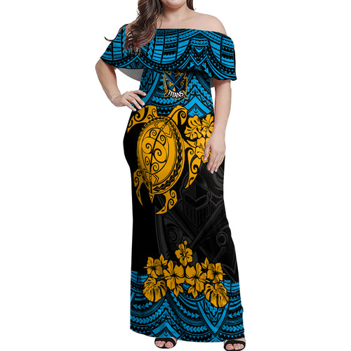 custom-titans-rugby-off-shoulder-maxi-dress-gld-hibiscus-and-turtle-with-polynesian-pattern