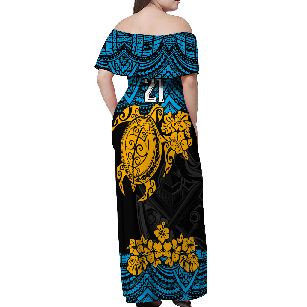 custom-titans-rugby-off-shoulder-maxi-dress-gld-hibiscus-and-turtle-with-polynesian-pattern