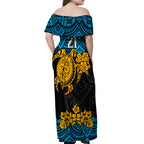 custom-titans-rugby-off-shoulder-maxi-dress-gld-hibiscus-and-turtle-with-polynesian-pattern