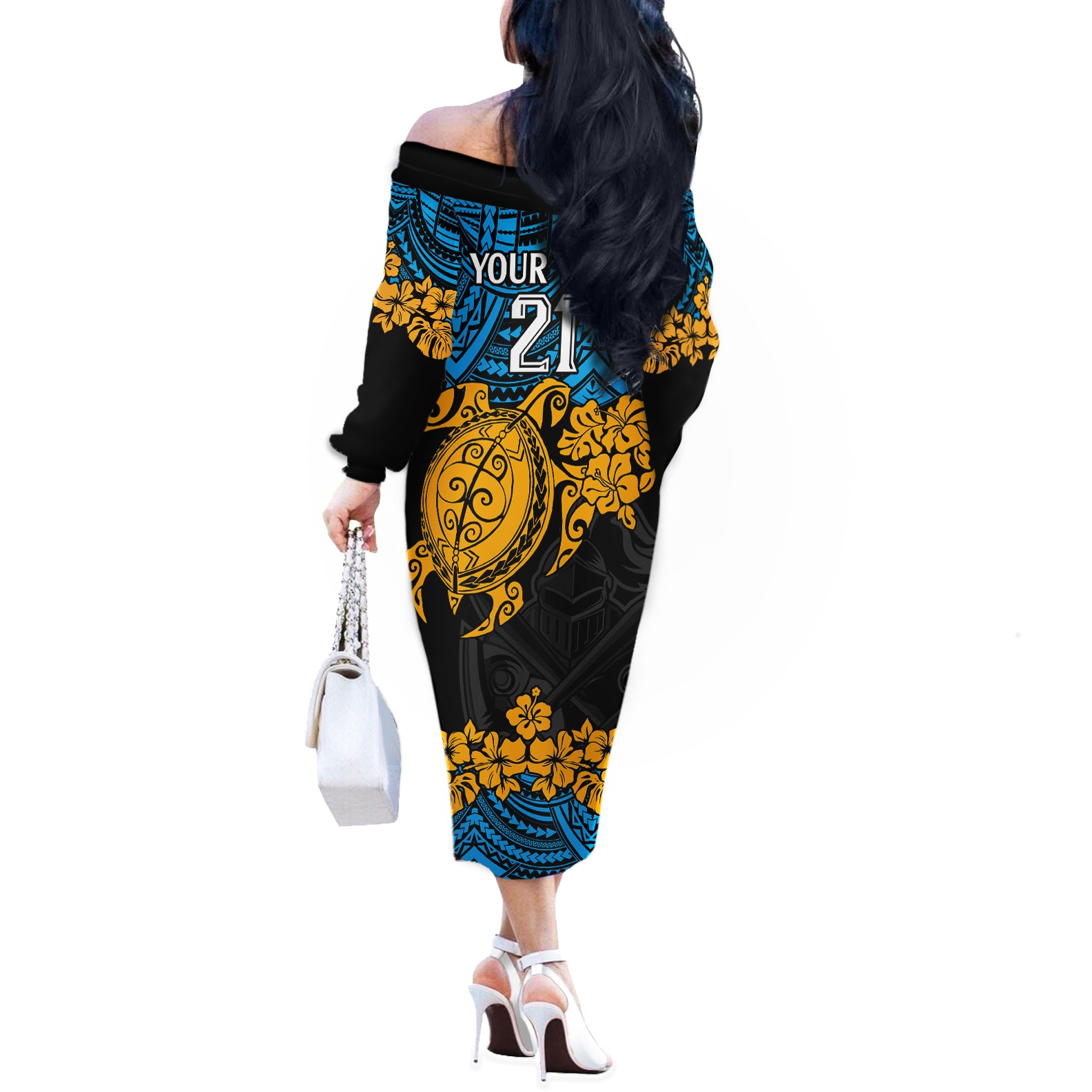 custom-titans-rugby-off-the-shoulder-long-sleeve-dress-gld-hibiscus-and-turtle-with-polynesian-pattern