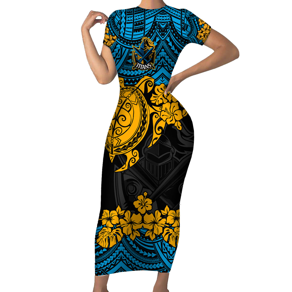 custom-titans-rugby-short-sleeve-bodycon-dress-gld-hibiscus-and-turtle-with-polynesian-pattern