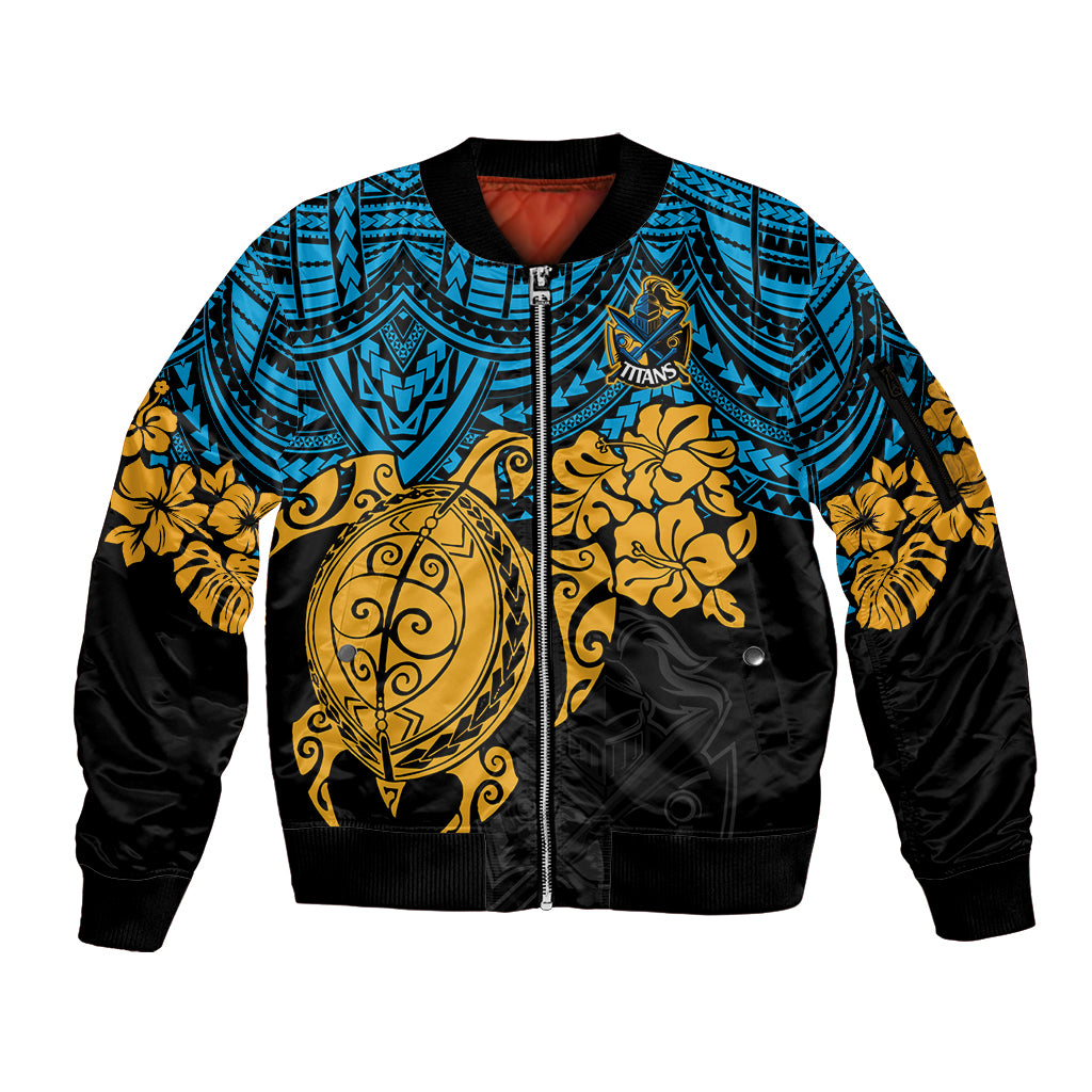 custom-titans-rugby-sleeve-zip-bomber-jacket-gld-hibiscus-and-turtle-with-polynesian-pattern