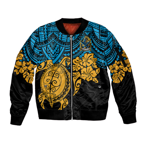 custom-titans-rugby-sleeve-zip-bomber-jacket-gld-hibiscus-and-turtle-with-polynesian-pattern