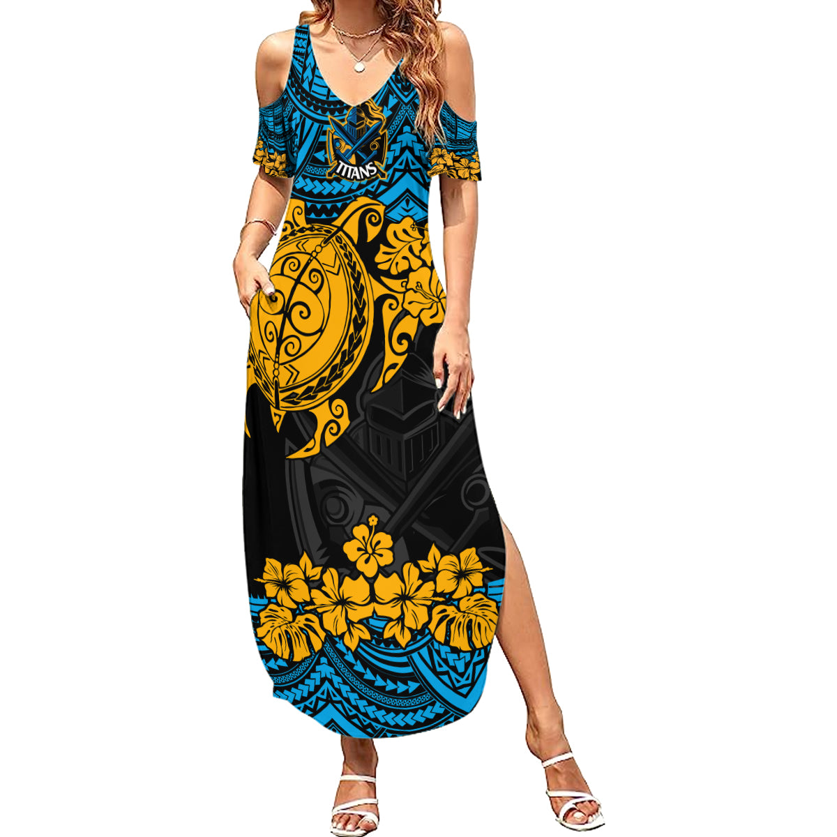custom-titans-rugby-summer-maxi-dress-gld-hibiscus-and-turtle-with-polynesian-pattern