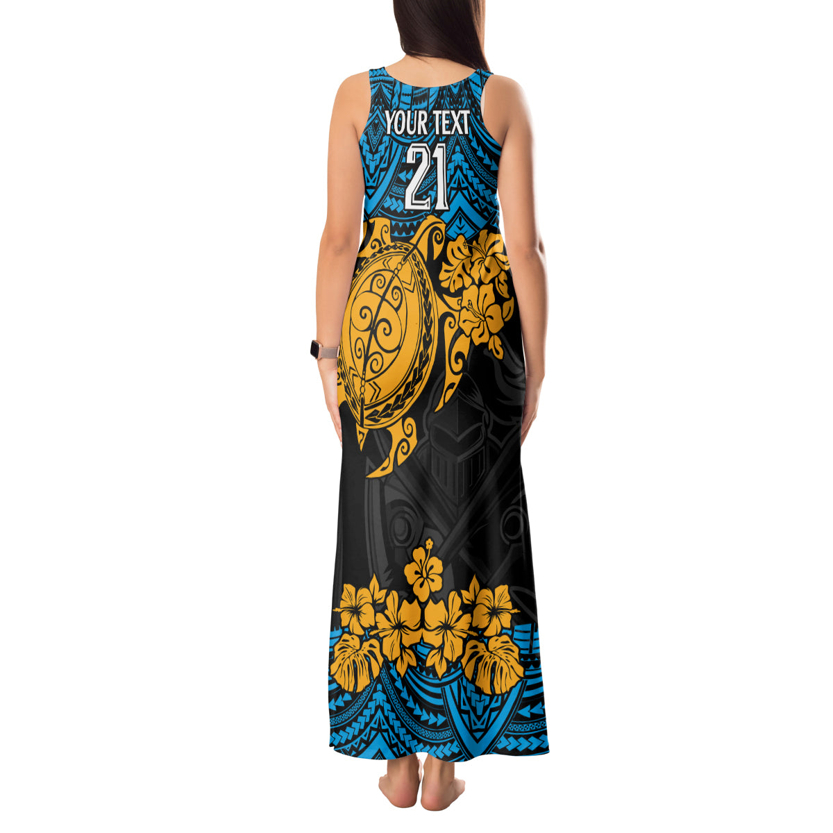 custom-titans-rugby-tank-maxi-dress-gld-hibiscus-and-turtle-with-polynesian-pattern