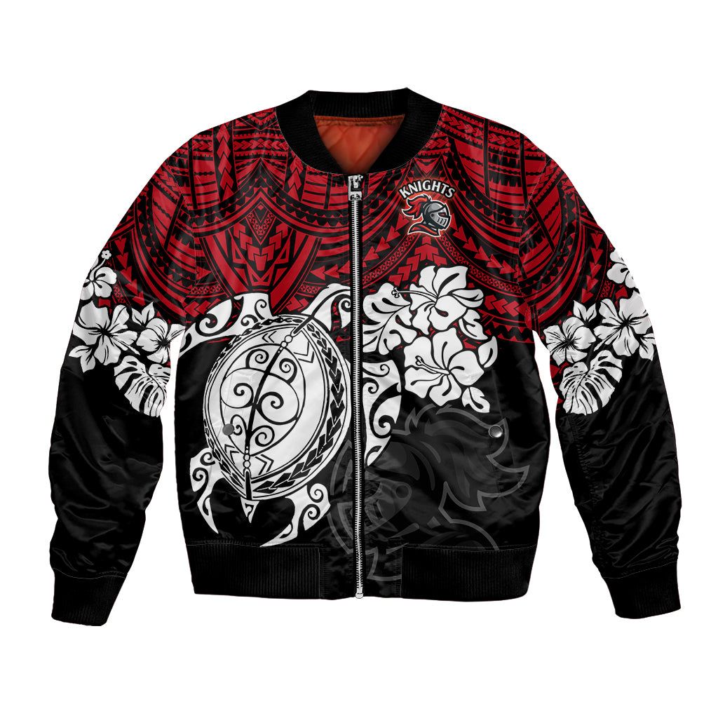custom-knights-rugby-bomber-jacket-novocastrians-hibiscus-and-turtle-with-polynesian-pattern