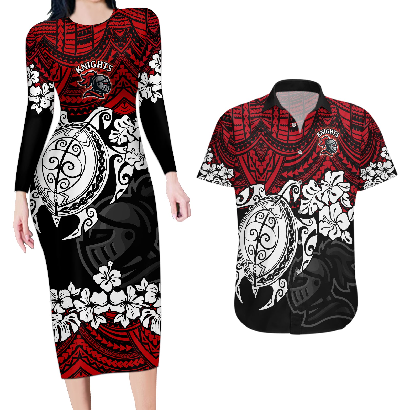 custom-knights-rugby-couples-matching-long-sleeve-bodycon-dress-and-hawaiian-shirt-novocastrians-hibiscus-and-turtle-with-polynesian-pattern