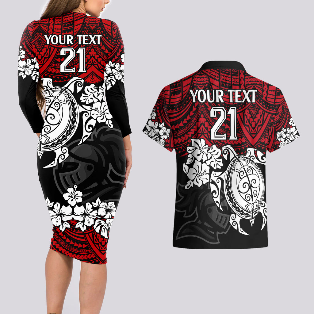 custom-knights-rugby-couples-matching-long-sleeve-bodycon-dress-and-hawaiian-shirt-novocastrians-hibiscus-and-turtle-with-polynesian-pattern