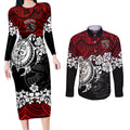 custom-knights-rugby-couples-matching-long-sleeve-bodycon-dress-and-long-sleeve-button-shirt-novocastrians-hibiscus-and-turtle-with-polynesian-pattern
