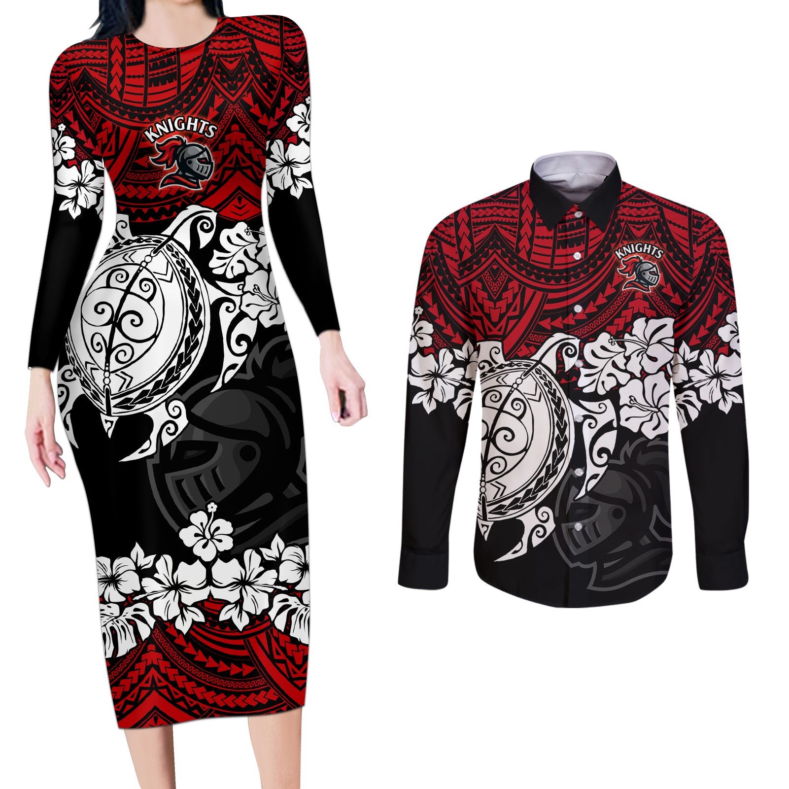 custom-knights-rugby-couples-matching-long-sleeve-bodycon-dress-and-long-sleeve-button-shirt-novocastrians-hibiscus-and-turtle-with-polynesian-pattern