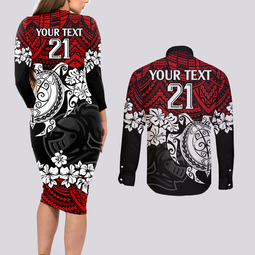 custom-knights-rugby-couples-matching-long-sleeve-bodycon-dress-and-long-sleeve-button-shirt-novocastrians-hibiscus-and-turtle-with-polynesian-pattern