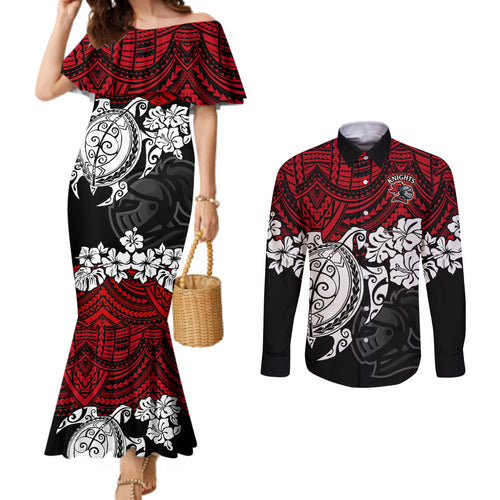 custom-knights-rugby-couples-matching-mermaid-dress-and-long-sleeve-button-shirt-novocastrians-hibiscus-and-turtle-with-polynesian-pattern