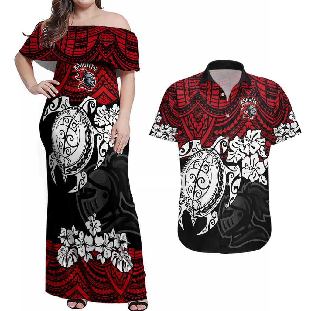 custom-knights-rugby-couples-matching-off-shoulder-maxi-dress-and-hawaiian-shirt-novocastrians-hibiscus-and-turtle-with-polynesian-pattern
