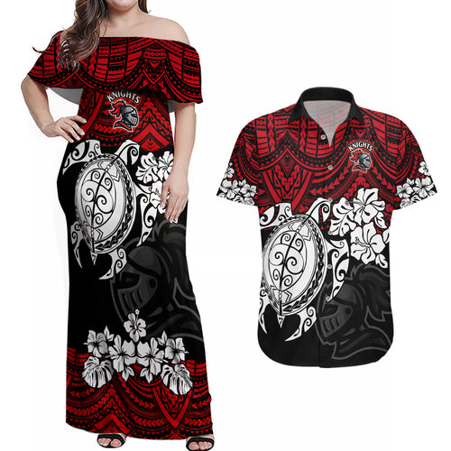 custom-knights-rugby-couples-matching-off-shoulder-maxi-dress-and-hawaiian-shirt-novocastrians-hibiscus-and-turtle-with-polynesian-pattern