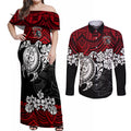custom-knights-rugby-couples-matching-off-shoulder-maxi-dress-and-long-sleeve-button-shirt-novocastrians-hibiscus-and-turtle-with-polynesian-pattern