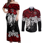 custom-knights-rugby-couples-matching-off-shoulder-maxi-dress-and-long-sleeve-button-shirt-novocastrians-hibiscus-and-turtle-with-polynesian-pattern
