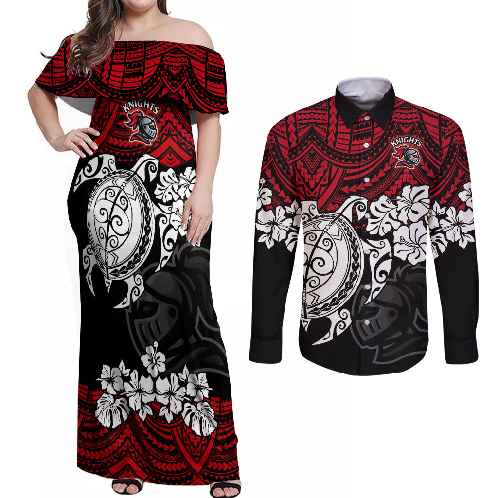 custom-knights-rugby-couples-matching-off-shoulder-maxi-dress-and-long-sleeve-button-shirt-novocastrians-hibiscus-and-turtle-with-polynesian-pattern