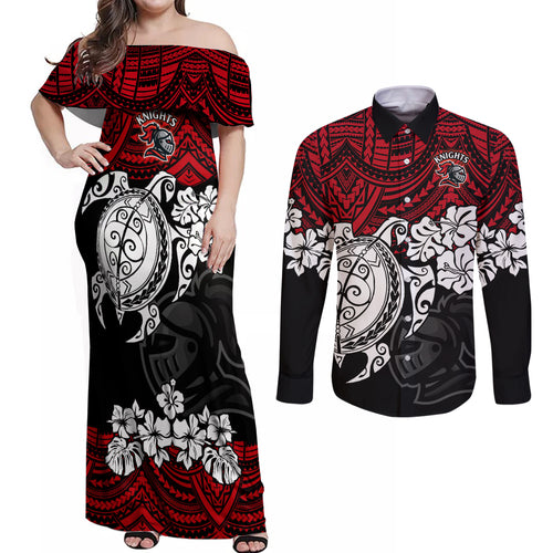 custom-knights-rugby-couples-matching-off-shoulder-maxi-dress-and-long-sleeve-button-shirt-novocastrians-hibiscus-and-turtle-with-polynesian-pattern