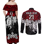 custom-knights-rugby-couples-matching-off-shoulder-maxi-dress-and-long-sleeve-button-shirt-novocastrians-hibiscus-and-turtle-with-polynesian-pattern