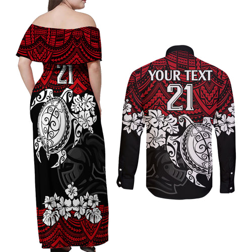 custom-knights-rugby-couples-matching-off-shoulder-maxi-dress-and-long-sleeve-button-shirt-novocastrians-hibiscus-and-turtle-with-polynesian-pattern