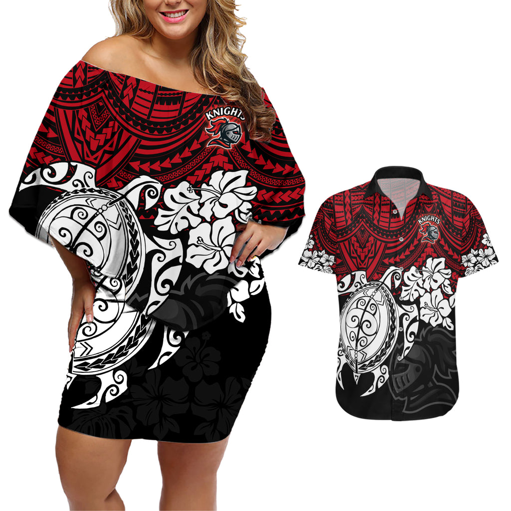 custom-knights-rugby-couples-matching-off-shoulder-short-dress-and-hawaiian-shirt-novocastrians-hibiscus-and-turtle-with-polynesian-pattern