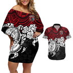 custom-knights-rugby-couples-matching-off-shoulder-short-dress-and-hawaiian-shirt-novocastrians-hibiscus-and-turtle-with-polynesian-pattern