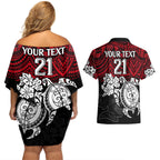 custom-knights-rugby-couples-matching-off-shoulder-short-dress-and-hawaiian-shirt-novocastrians-hibiscus-and-turtle-with-polynesian-pattern
