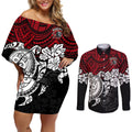 custom-knights-rugby-couples-matching-off-shoulder-short-dress-and-long-sleeve-button-shirt-novocastrians-hibiscus-and-turtle-with-polynesian-pattern