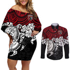 custom-knights-rugby-couples-matching-off-shoulder-short-dress-and-long-sleeve-button-shirt-novocastrians-hibiscus-and-turtle-with-polynesian-pattern