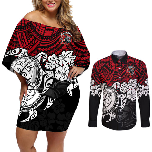 custom-knights-rugby-couples-matching-off-shoulder-short-dress-and-long-sleeve-button-shirt-novocastrians-hibiscus-and-turtle-with-polynesian-pattern