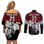 custom-knights-rugby-couples-matching-off-shoulder-short-dress-and-long-sleeve-button-shirt-novocastrians-hibiscus-and-turtle-with-polynesian-pattern