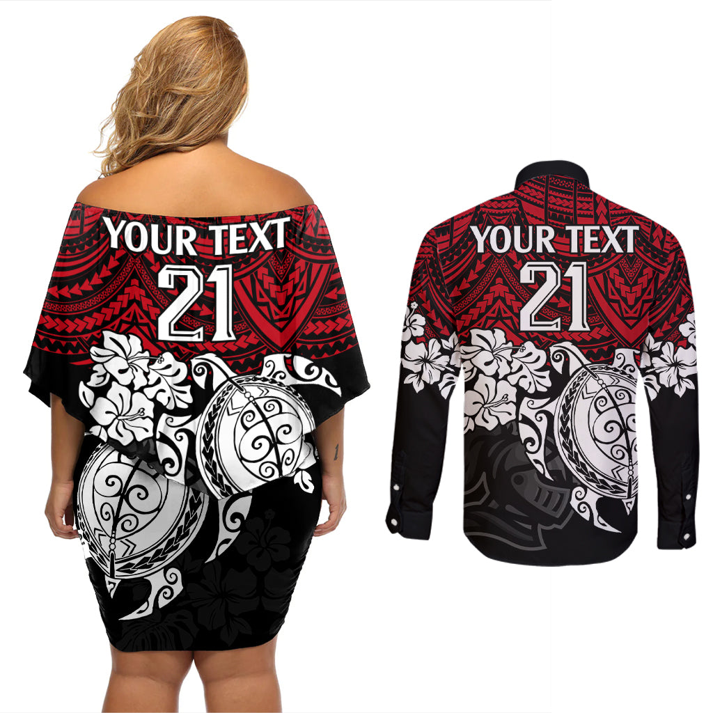 custom-knights-rugby-couples-matching-off-shoulder-short-dress-and-long-sleeve-button-shirt-novocastrians-hibiscus-and-turtle-with-polynesian-pattern