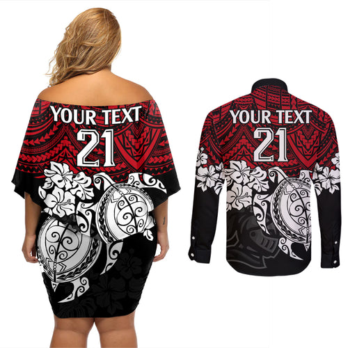 custom-knights-rugby-couples-matching-off-shoulder-short-dress-and-long-sleeve-button-shirt-novocastrians-hibiscus-and-turtle-with-polynesian-pattern