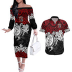 custom-knights-rugby-couples-matching-off-the-shoulder-long-sleeve-dress-and-hawaiian-shirt-novocastrians-hibiscus-and-turtle-with-polynesian-pattern