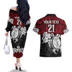 custom-knights-rugby-couples-matching-off-the-shoulder-long-sleeve-dress-and-hawaiian-shirt-novocastrians-hibiscus-and-turtle-with-polynesian-pattern