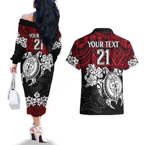 custom-knights-rugby-couples-matching-off-the-shoulder-long-sleeve-dress-and-hawaiian-shirt-novocastrians-hibiscus-and-turtle-with-polynesian-pattern