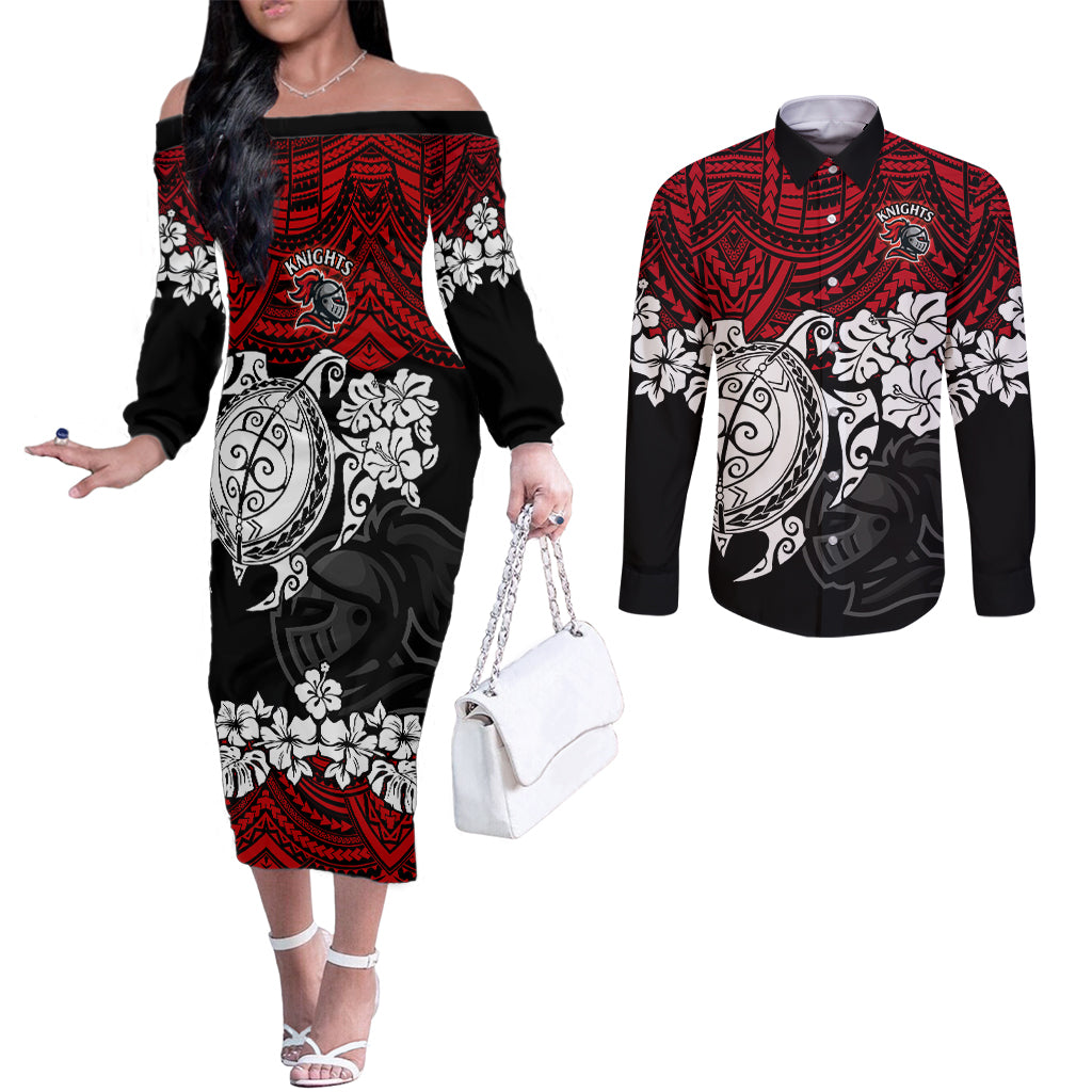 custom-knights-rugby-couples-matching-off-the-shoulder-long-sleeve-dress-and-long-sleeve-button-shirt-novocastrians-hibiscus-and-turtle-with-polynesian-pattern