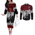 custom-knights-rugby-couples-matching-off-the-shoulder-long-sleeve-dress-and-long-sleeve-button-shirt-novocastrians-hibiscus-and-turtle-with-polynesian-pattern