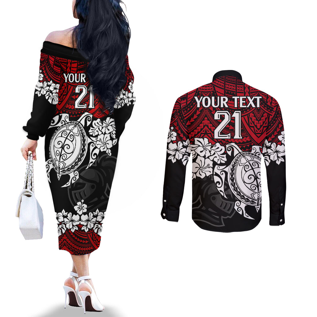 custom-knights-rugby-couples-matching-off-the-shoulder-long-sleeve-dress-and-long-sleeve-button-shirt-novocastrians-hibiscus-and-turtle-with-polynesian-pattern