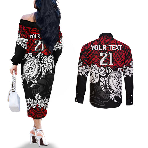 custom-knights-rugby-couples-matching-off-the-shoulder-long-sleeve-dress-and-long-sleeve-button-shirt-novocastrians-hibiscus-and-turtle-with-polynesian-pattern
