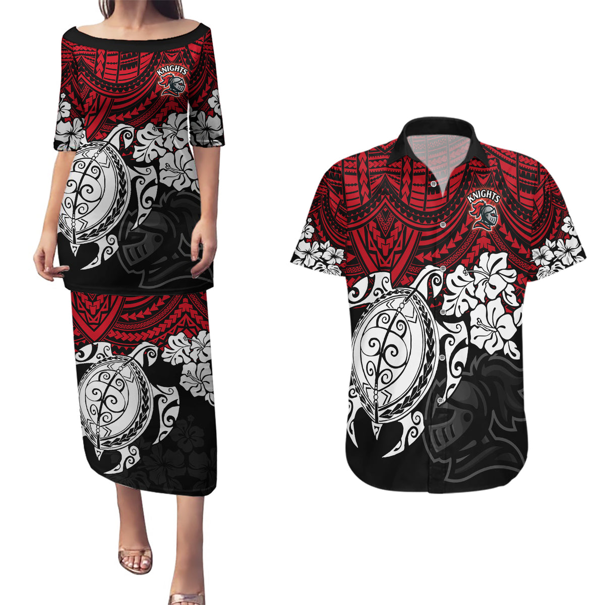 custom-knights-rugby-couples-matching-puletasi-dress-and-hawaiian-shirt-novocastrians-hibiscus-and-turtle-with-polynesian-pattern