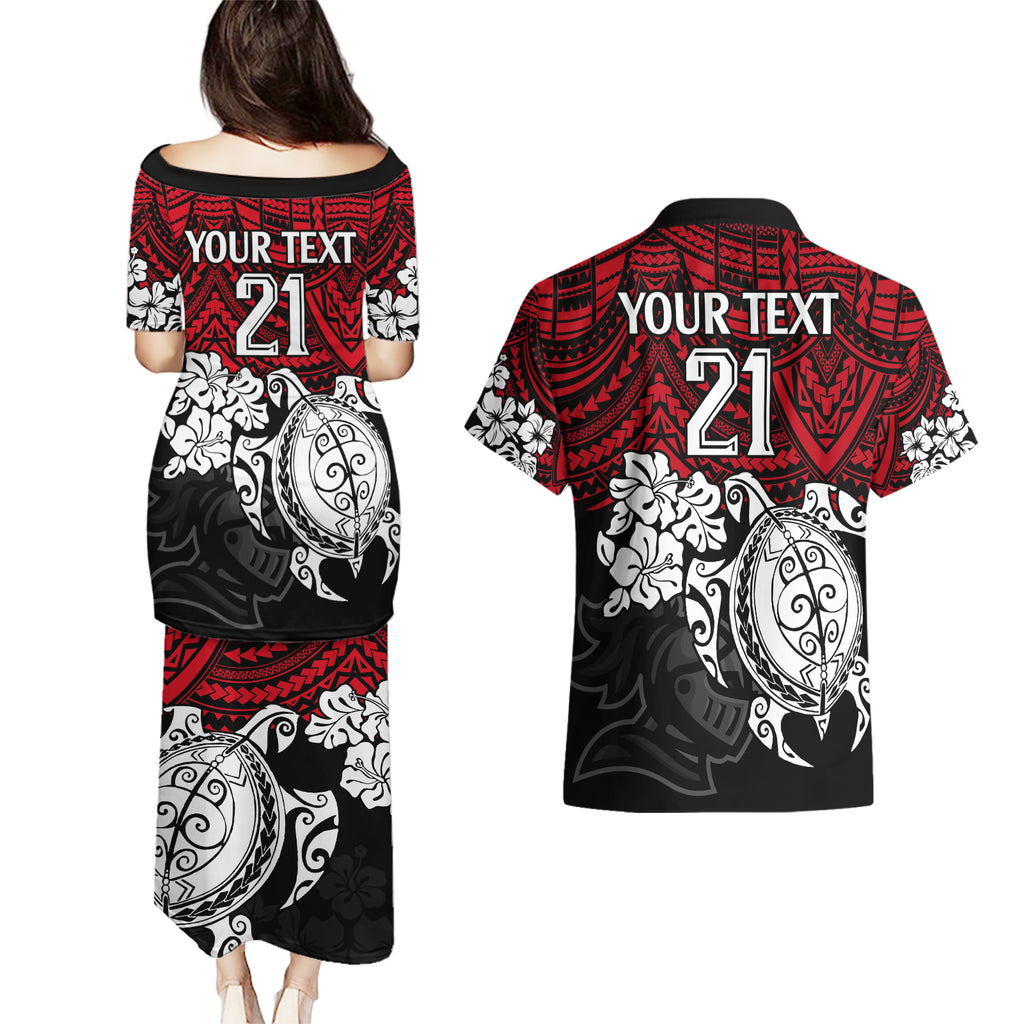 custom-knights-rugby-couples-matching-puletasi-dress-and-hawaiian-shirt-novocastrians-hibiscus-and-turtle-with-polynesian-pattern