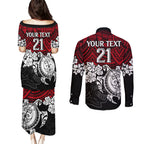custom-knights-rugby-couples-matching-puletasi-dress-and-long-sleeve-button-shirt-novocastrians-hibiscus-and-turtle-with-polynesian-pattern