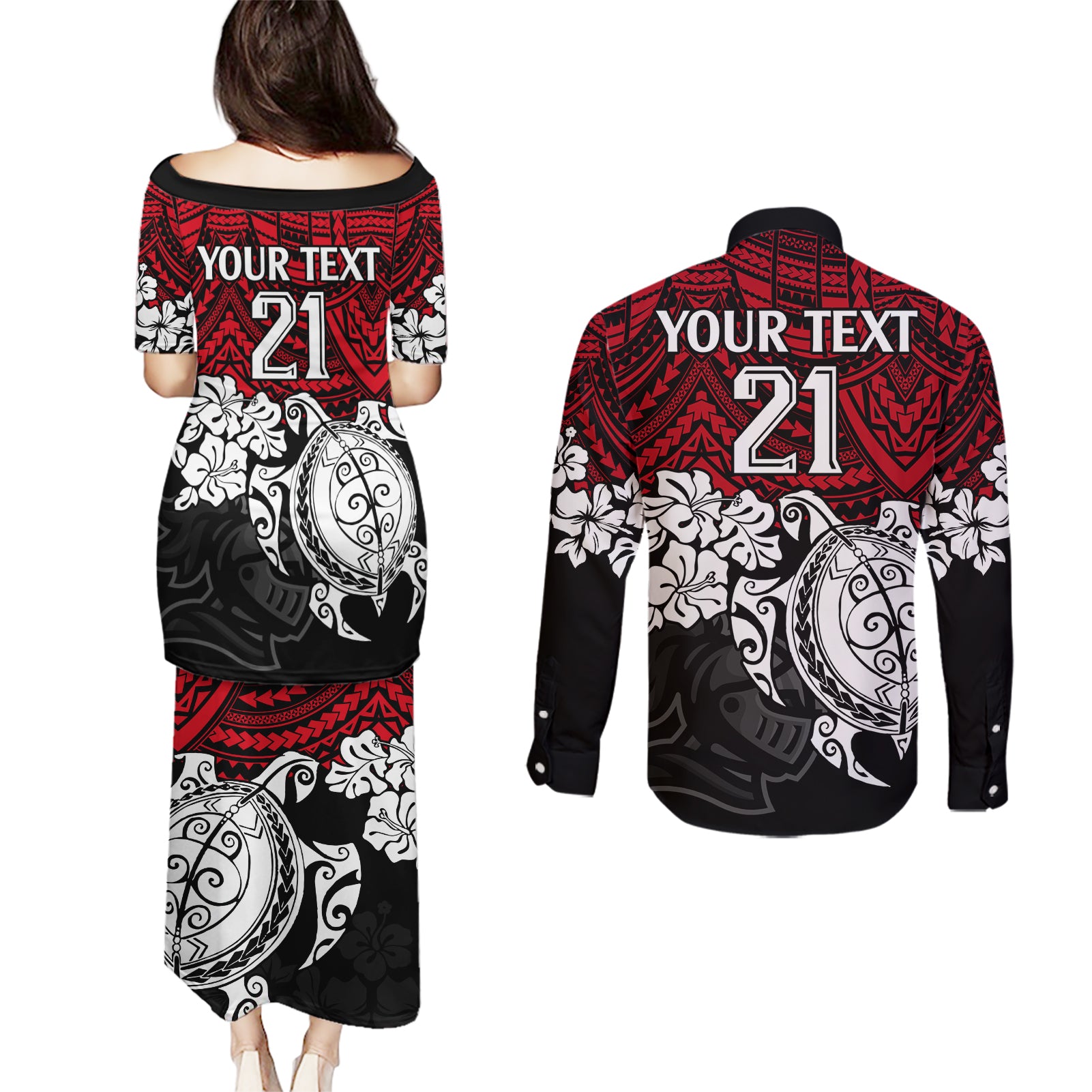 custom-knights-rugby-couples-matching-puletasi-dress-and-long-sleeve-button-shirt-novocastrians-hibiscus-and-turtle-with-polynesian-pattern