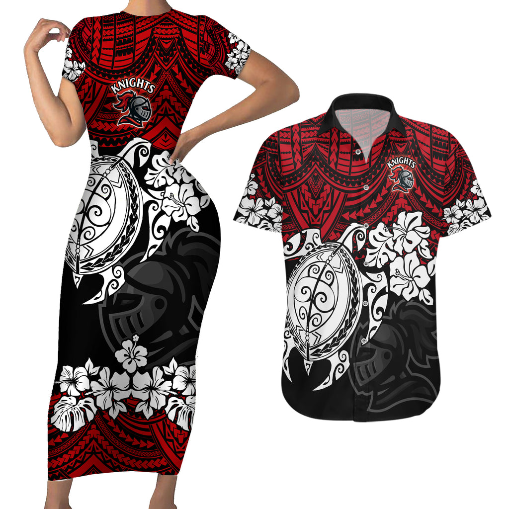 custom-knights-rugby-couples-matching-short-sleeve-bodycon-dress-and-hawaiian-shirt-novocastrians-hibiscus-and-turtle-with-polynesian-pattern