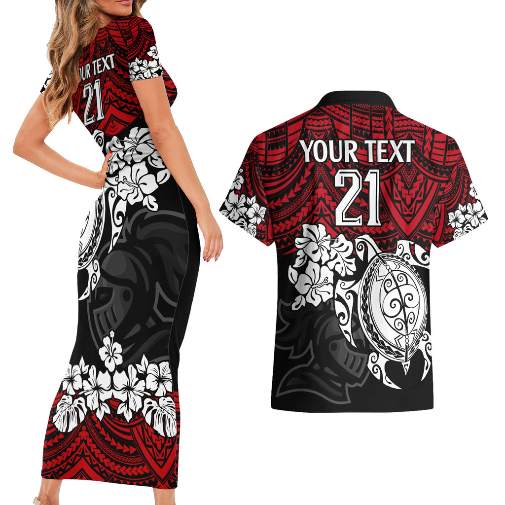 custom-knights-rugby-couples-matching-short-sleeve-bodycon-dress-and-hawaiian-shirt-novocastrians-hibiscus-and-turtle-with-polynesian-pattern